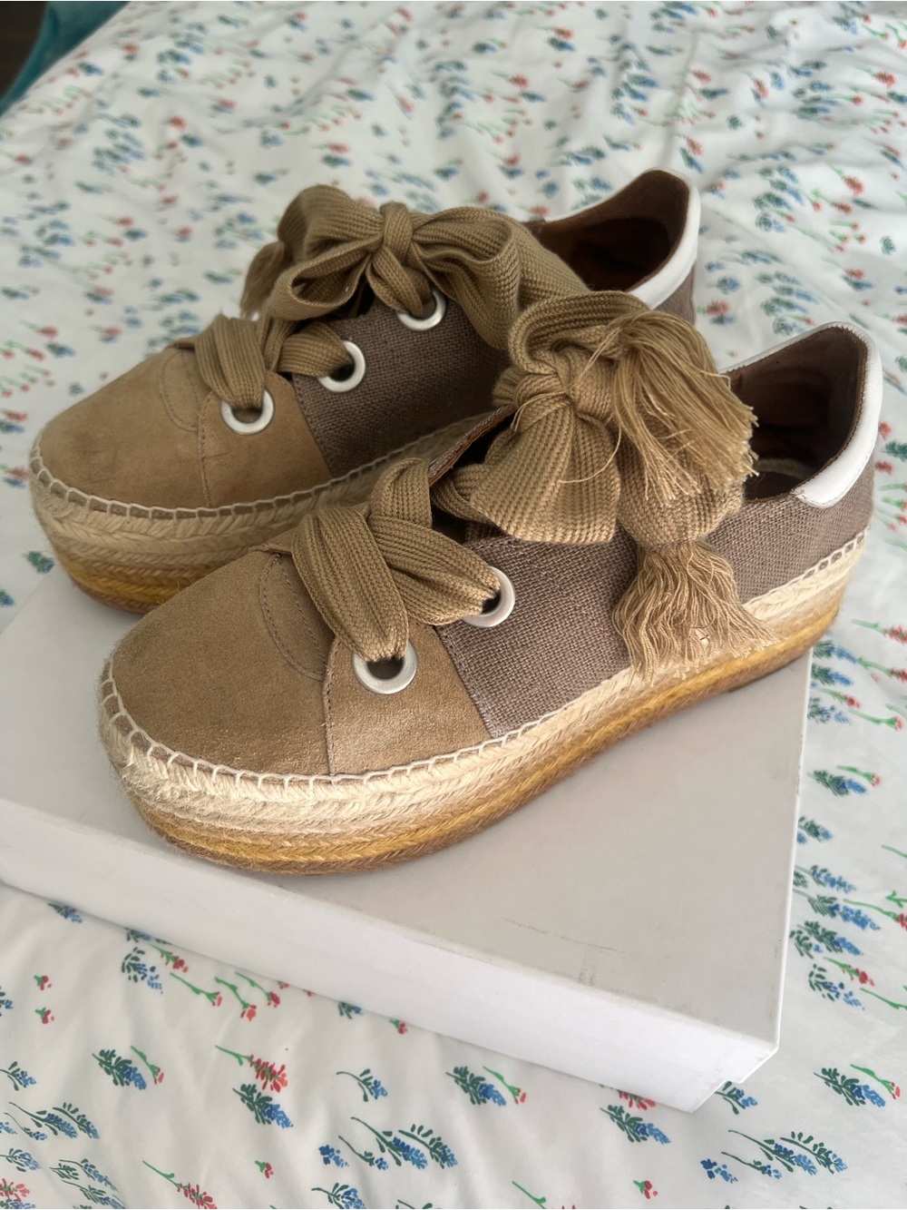Chloe Tan & White Espadrille Platform Sneakers with Ribbon Laces